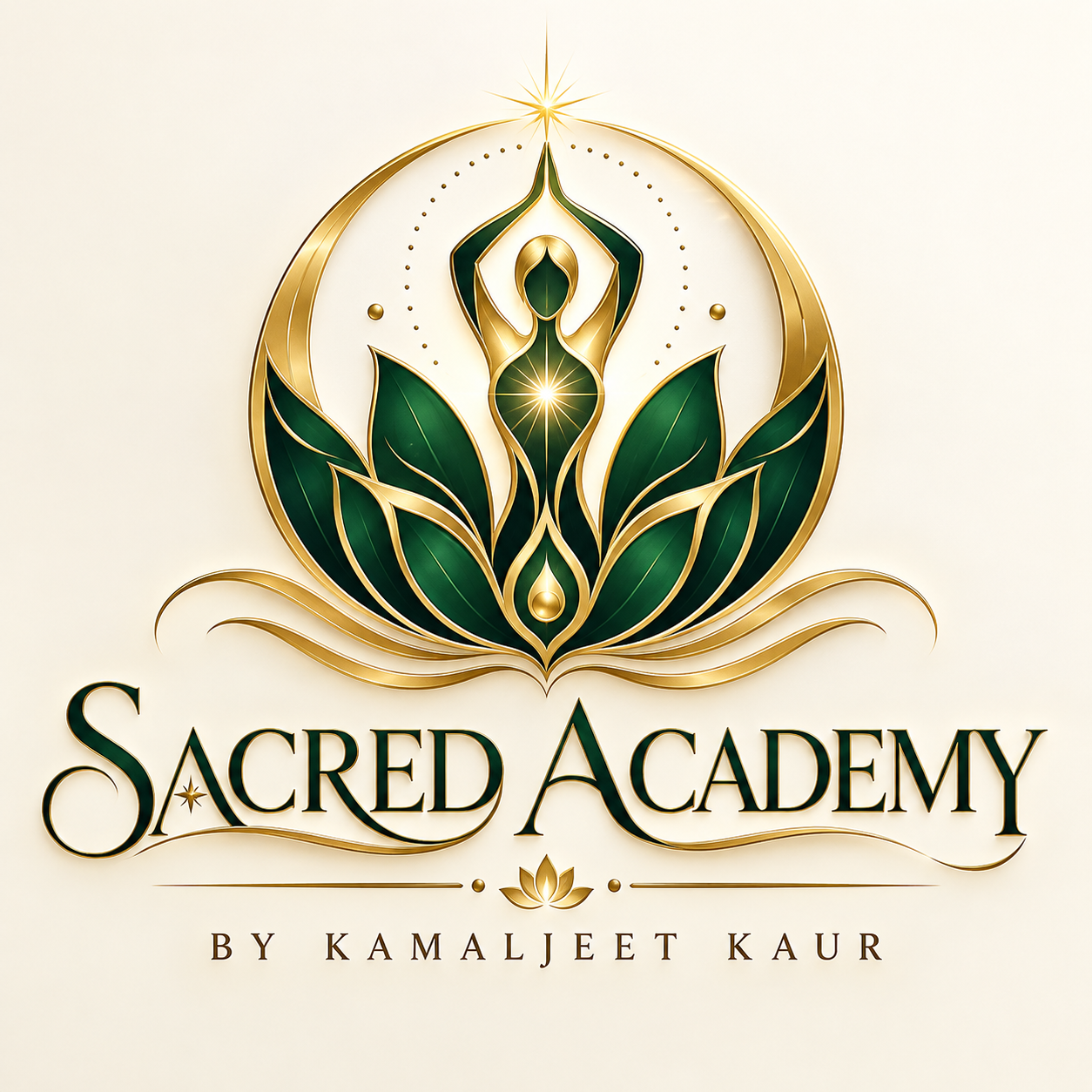 Sacred Academy by Kamaljeet Kaur — emerald and gold lotus emblem logo